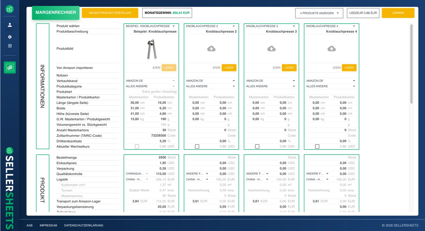 SELLERSHEETS – Mehrere Produkte vergleichen
